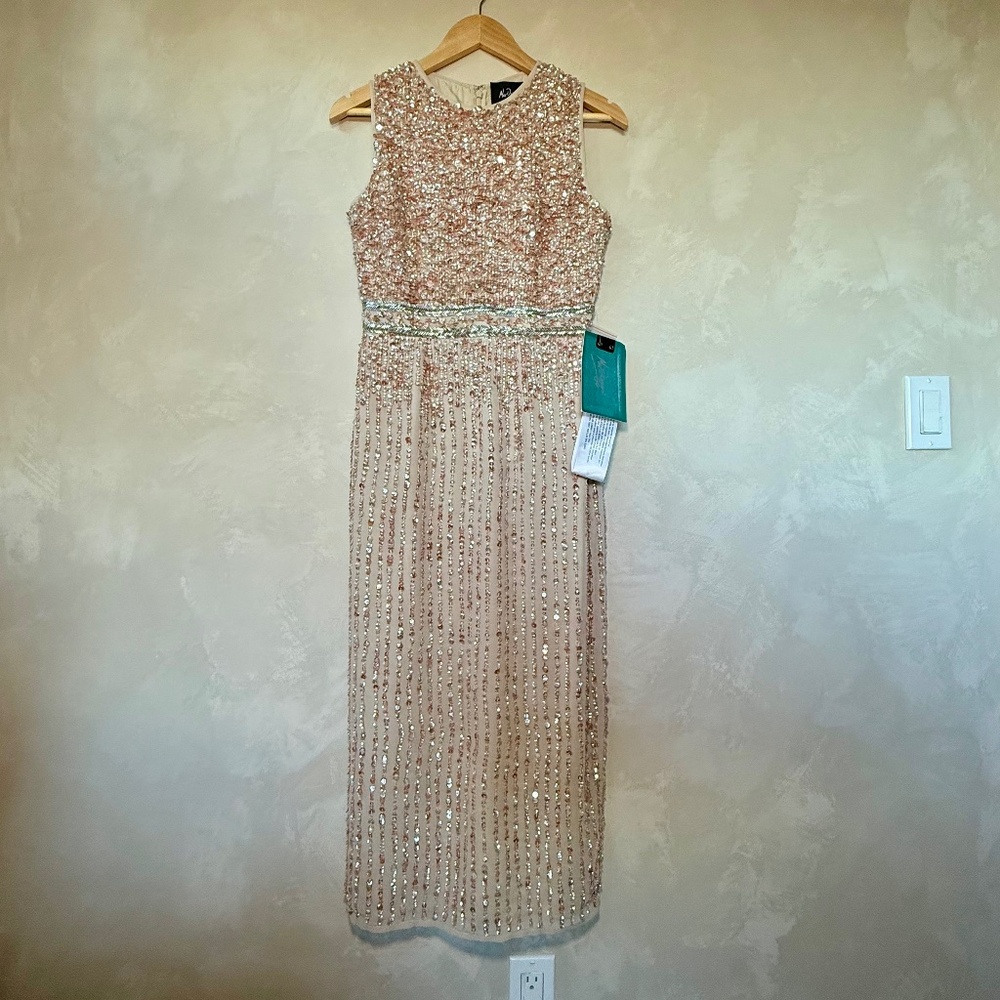 Mac Duggal, Size 2, Beige, Sequined/Beaded, Midi Cocktail/Event Dress